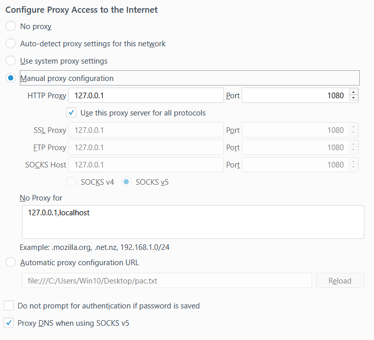 Firefox proxy settings