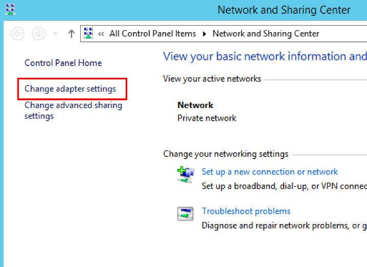 Windows 8 Network and Sharing Centre window